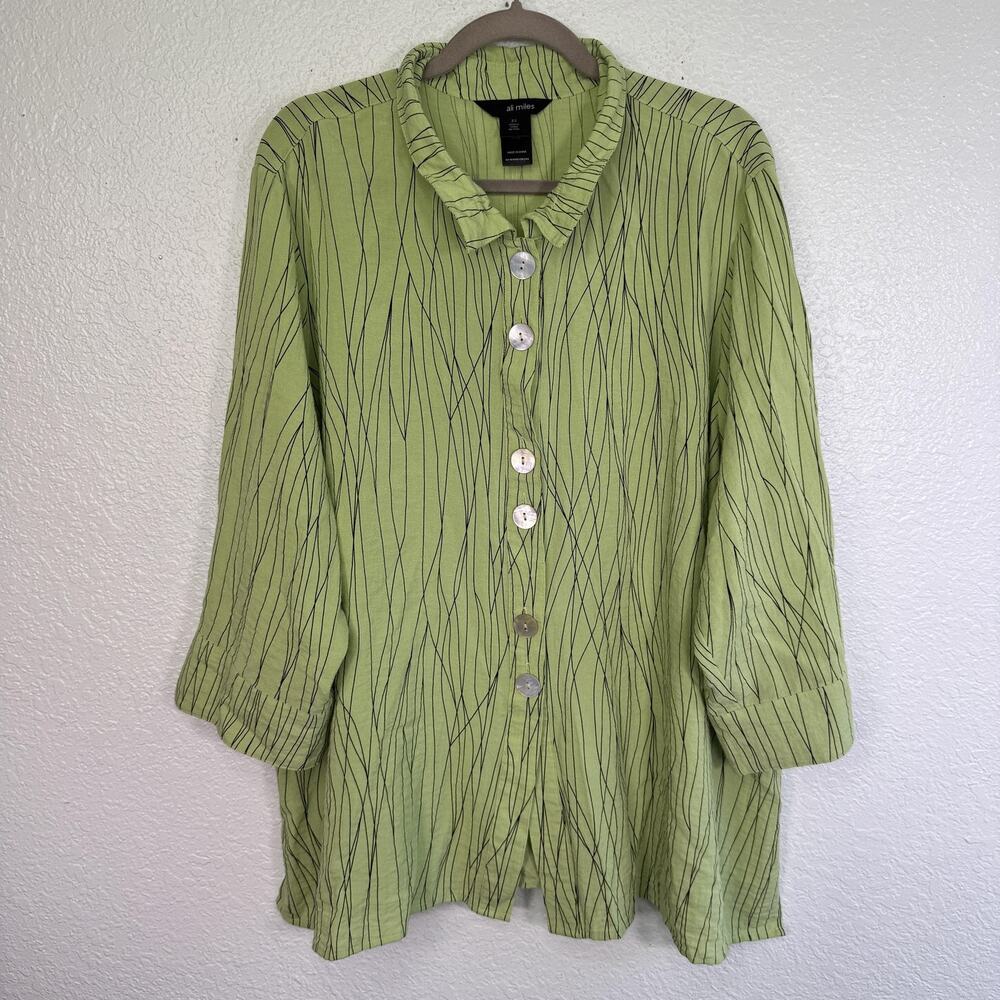 Ali Miles Top Womens 2X Green Striped Button Tunic Blouse Plus Size XXL Artsy